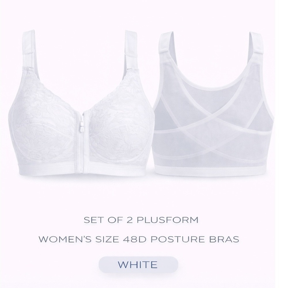 Set of 2 Plusform Womens Size‎ 48D Posture Bras White Front Clasp Closure NWT